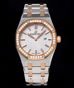 Audemars Piguet-Royal Oak Ladies 67651OR 33mm Diamonds Stainless Steel/Rose Gold White Dial TKF Swiss Cal.2713 Quartz
