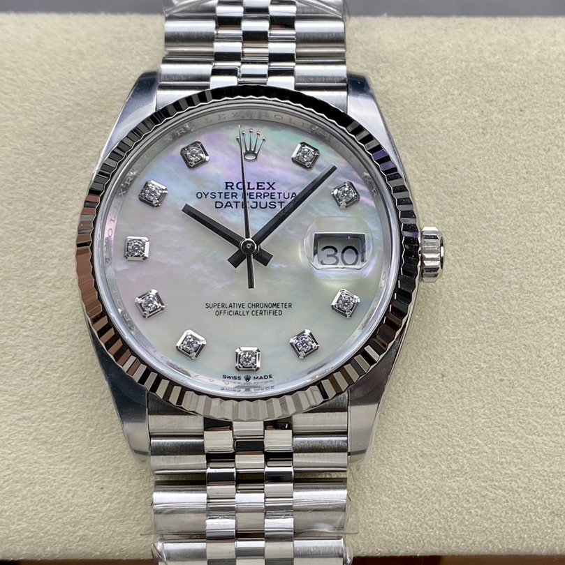 Rolex-Datejust 126234 36mm Jubilee Stainless Steel/Steel Mother-Of-Pearl Dial Diamonds Markers Clean DD3235 Automatic