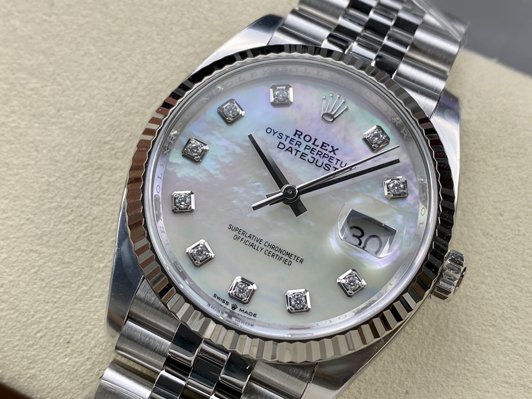 Rolex-Datejust 126234 36mm Jubilee Stainless Steel/Steel Mother-Of-Pearl Dial Diamonds Markers Clean DD3235 Automatic - Image 3